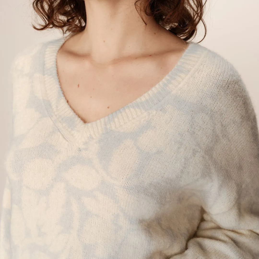 Pale Blue Reversible Floral Knit Jumper