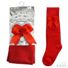 Plain Red Tights With Matching Bow And Pom Pom - NB-24M - T41-R