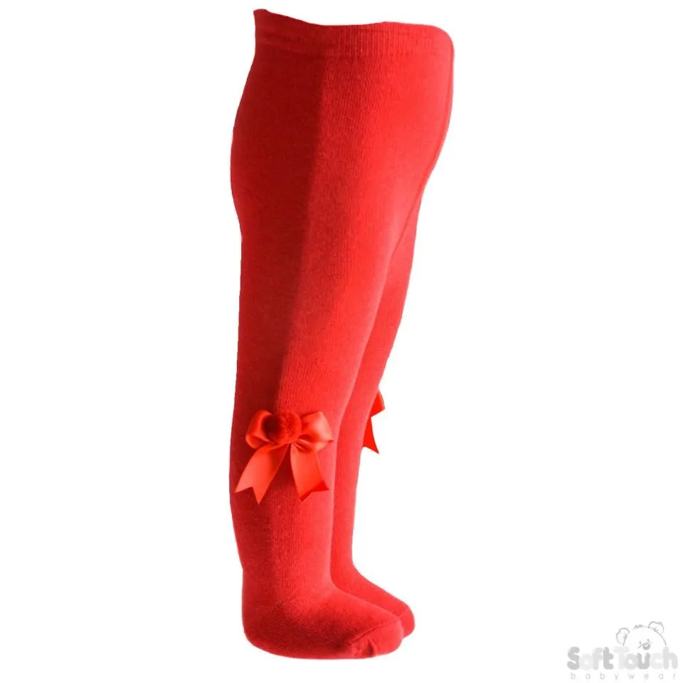 Plain Red Tights With Matching Bow And Pom Pom - NB-24M - T41-R