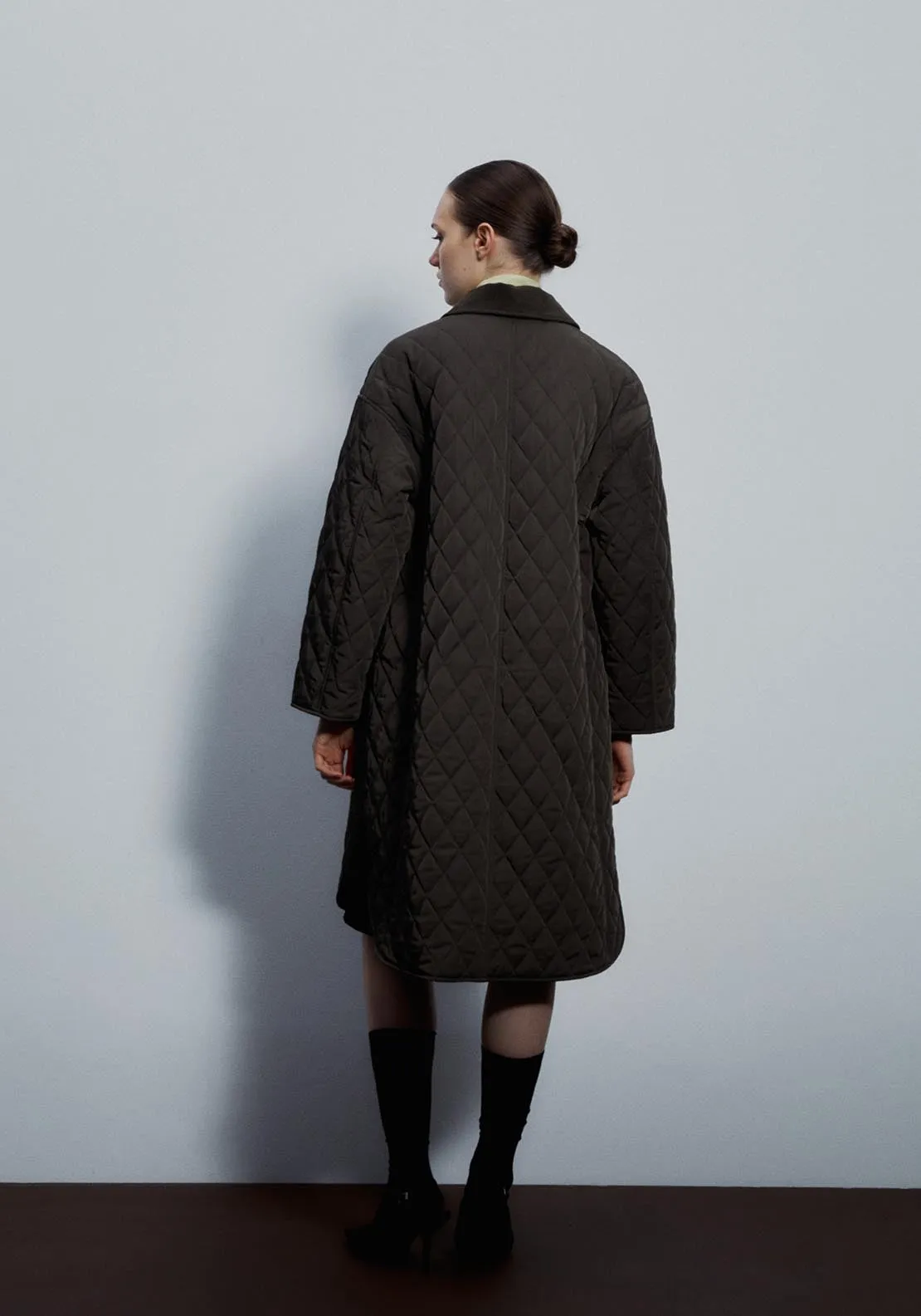 Ribbed collar quilted coat - Khaki