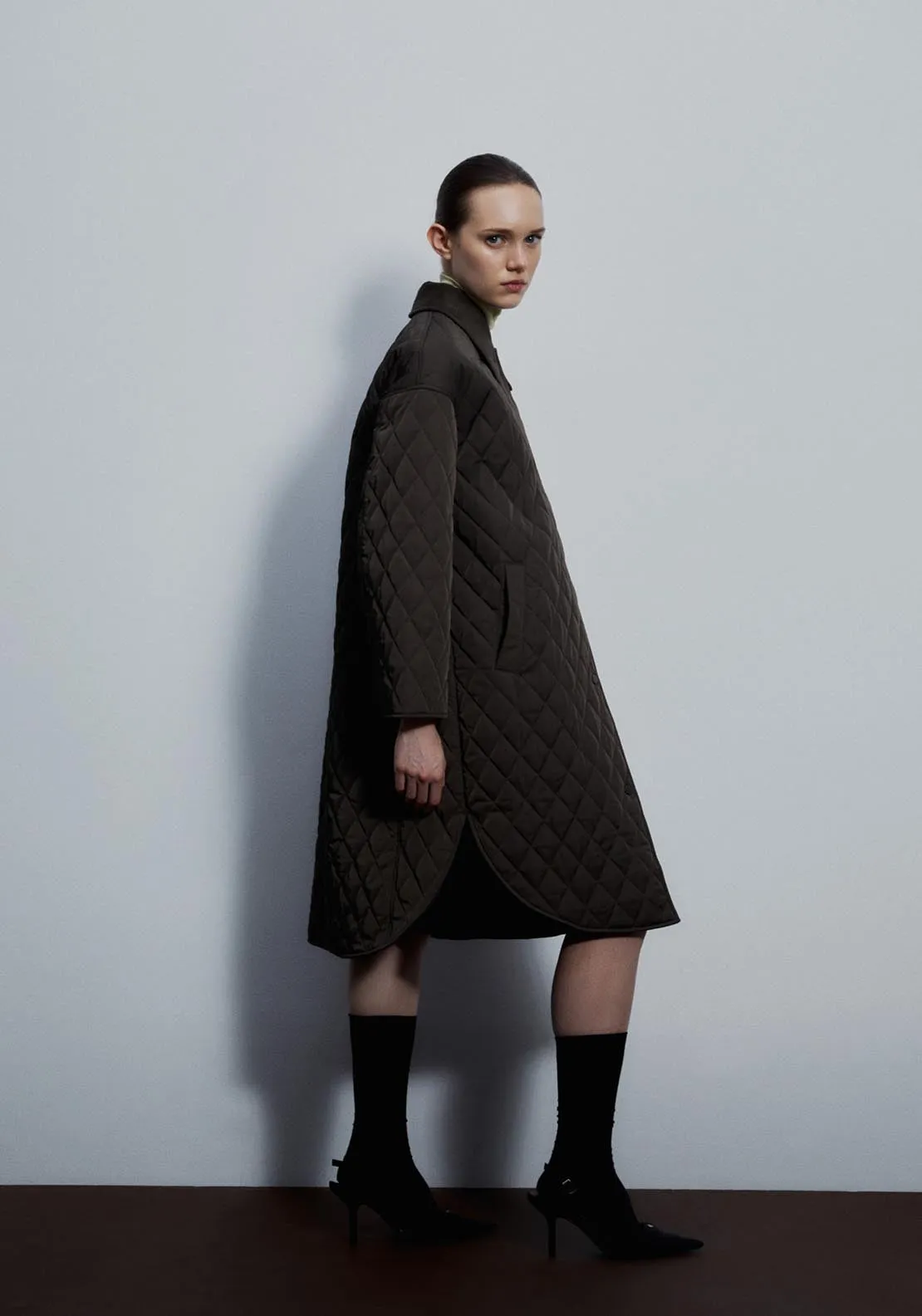 Ribbed collar quilted coat - Khaki