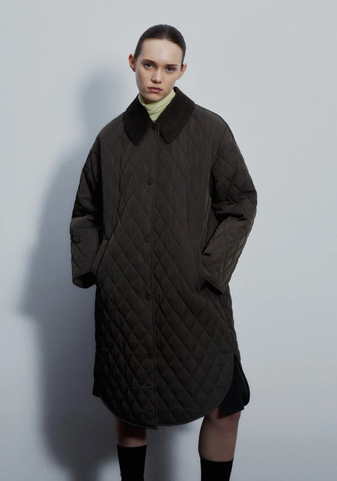 Ribbed collar quilted coat - Khaki