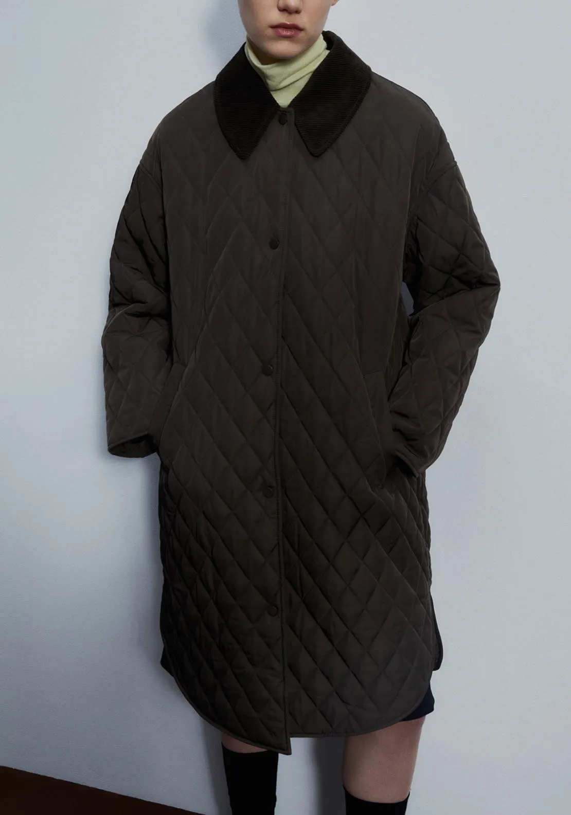 Ribbed collar quilted coat - Khaki