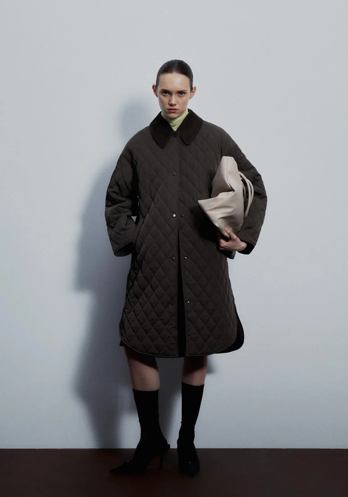 Ribbed collar quilted coat - Khaki