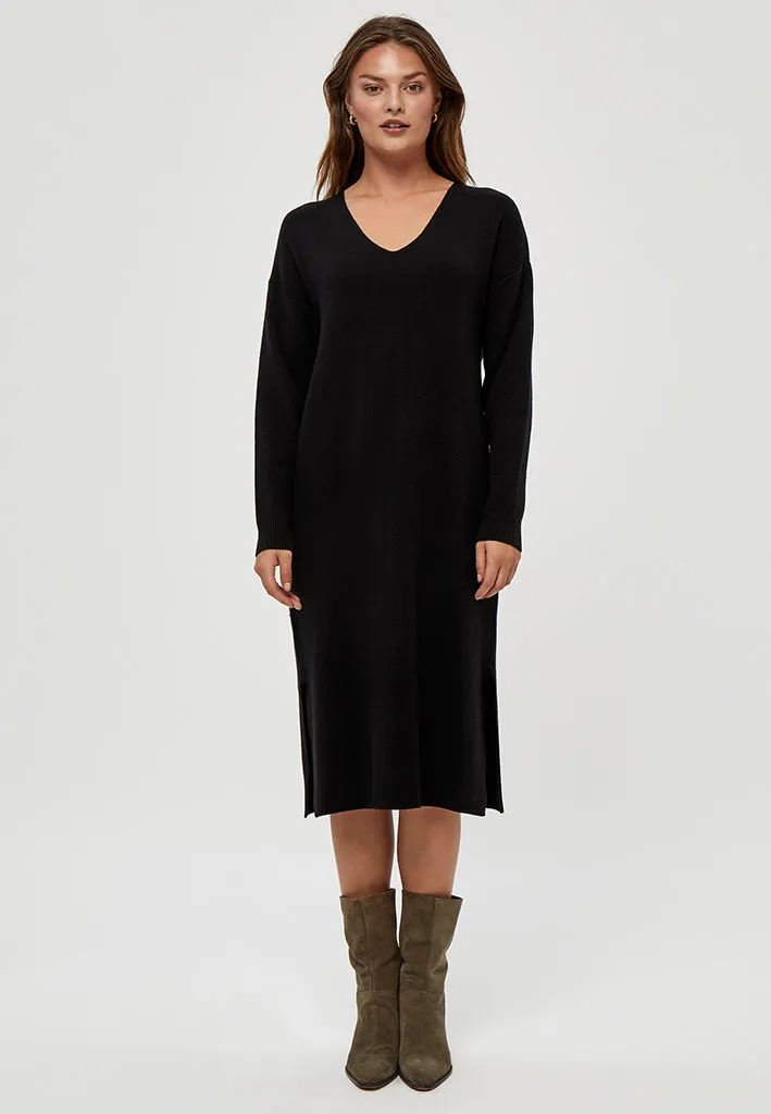 Rosalia V-Neck Knee Length Knit Dress - Black