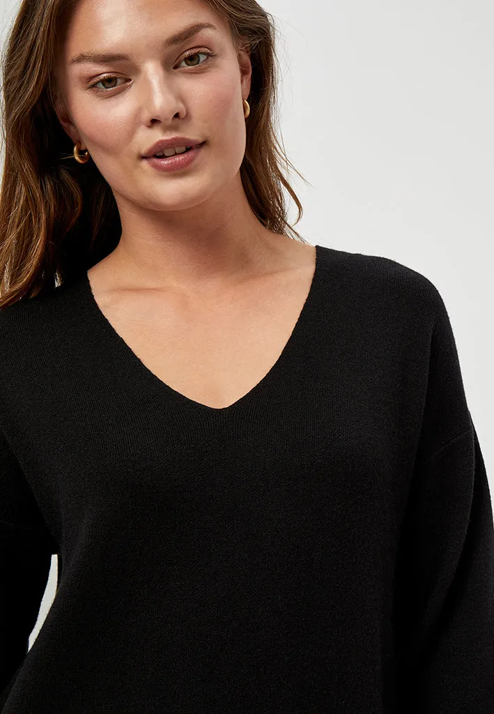 Rosalia V-Neck Knee Length Knit Dress - Black