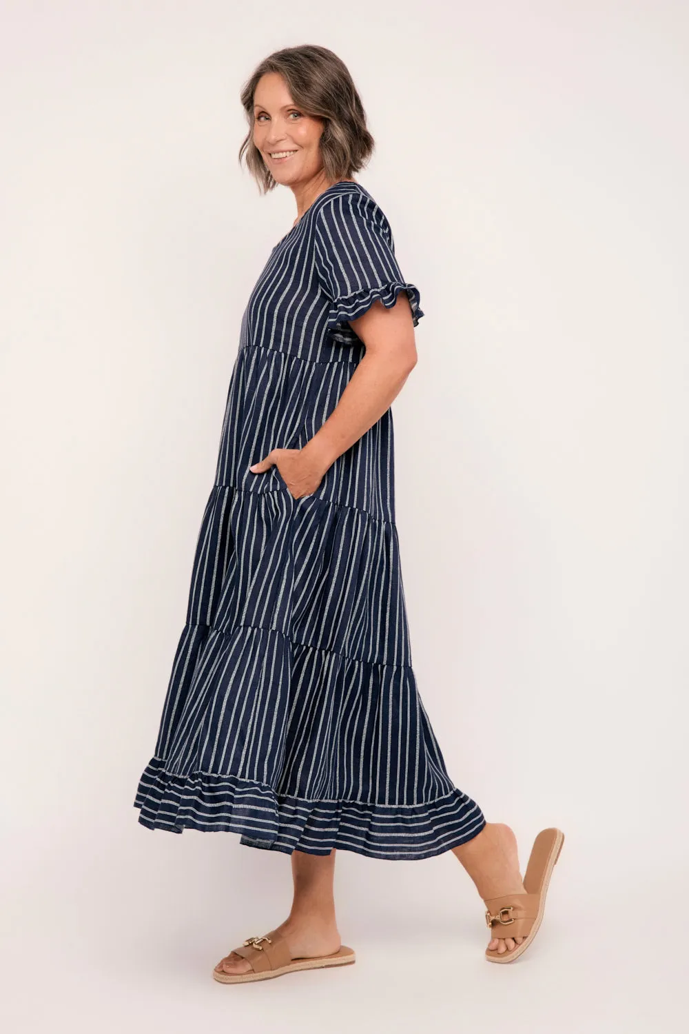 Sabre Linen Frill Dress in Boathouse