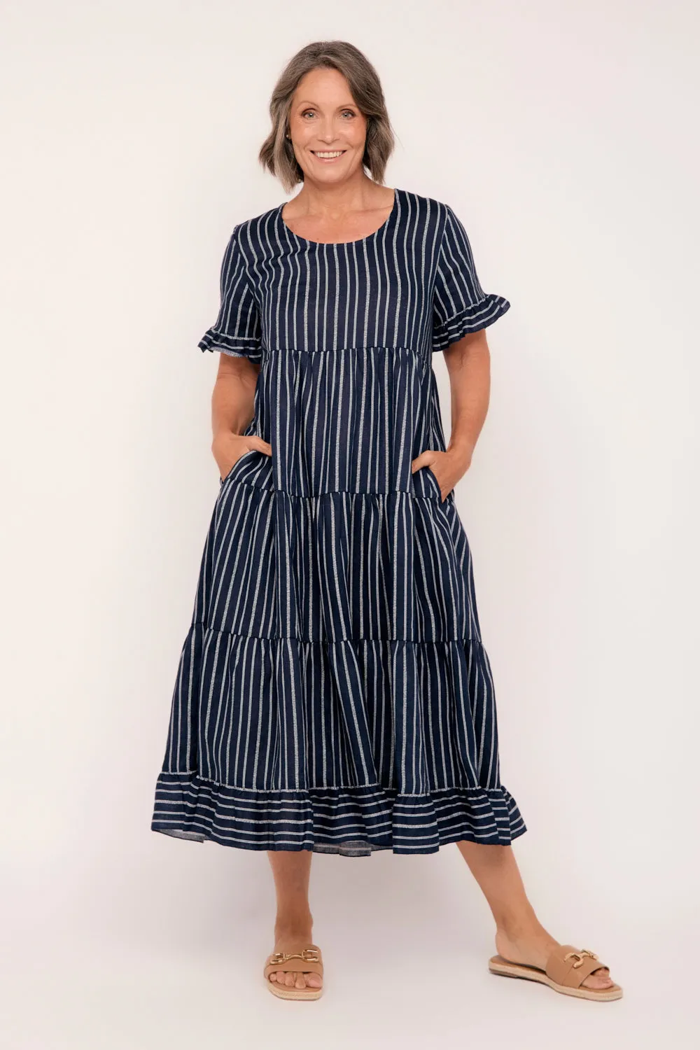 Sabre Linen Frill Dress in Boathouse