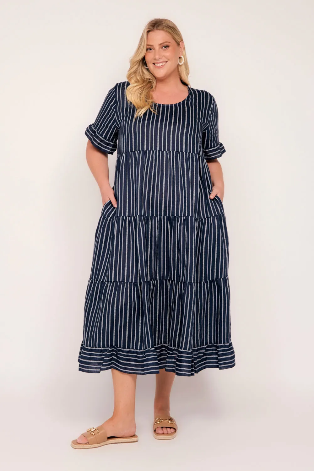 Sabre Linen Frill Dress in Boathouse