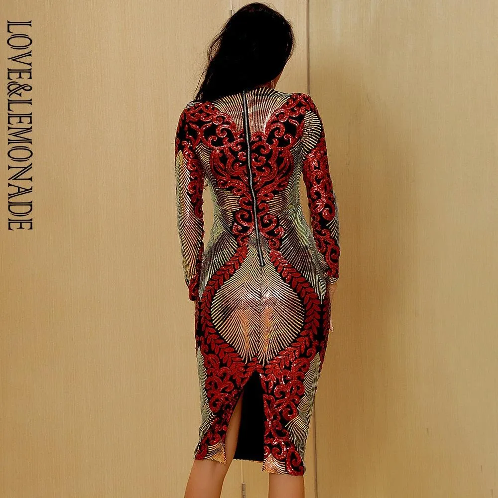 Sexy Colorful Geometric Sequins Elastic Bodycon Long Sleeve  Dress