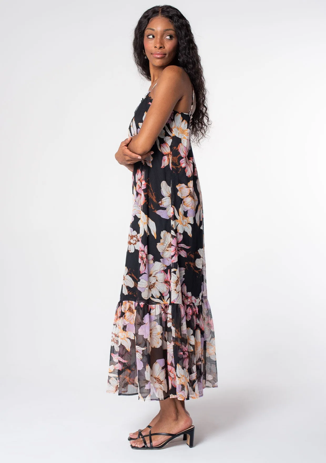 Sleeveless Floral Sheer Chiffon Maxi Dress