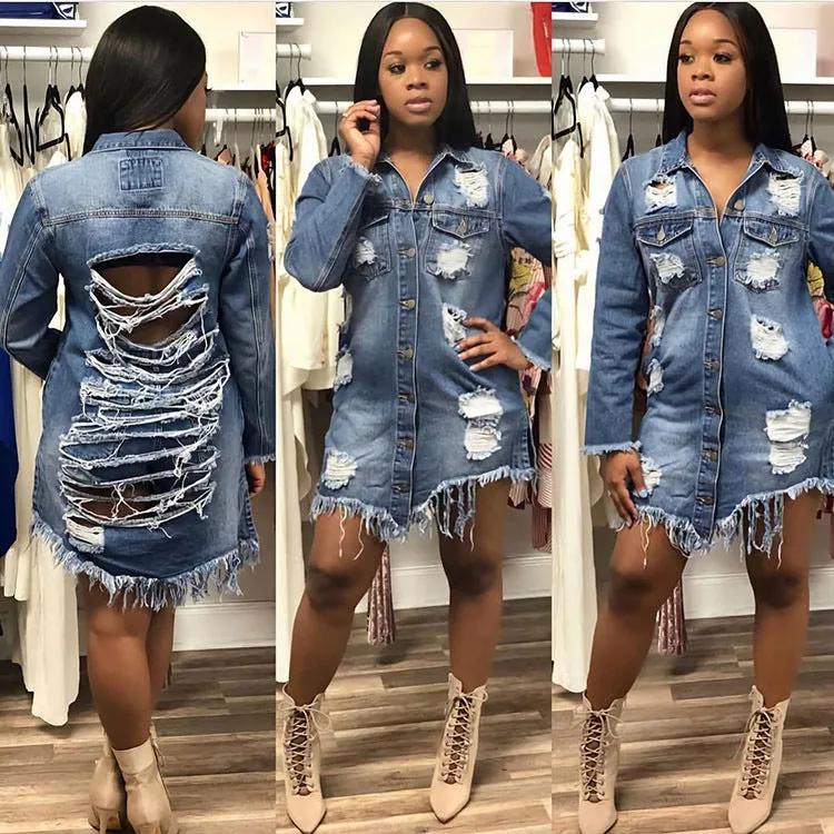 Spring And Summer  Street Fashion Women Cutwork/ Distress   Long  Blue Denim Jacket/Shirt Jacket