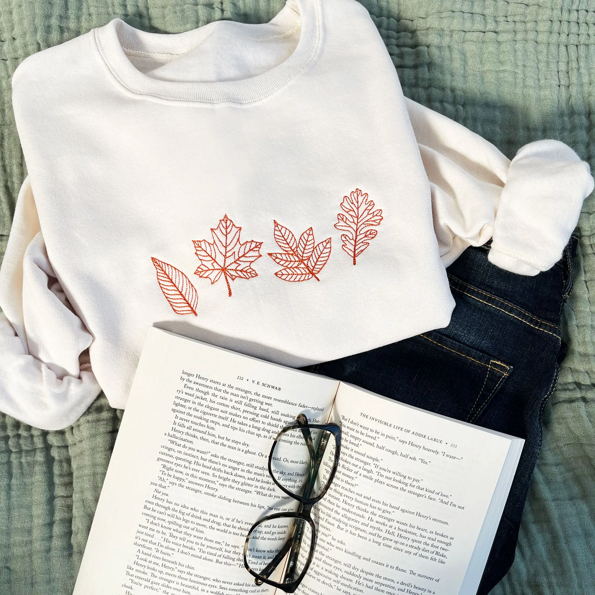 Stitched Fall Leaves Embroidered Gemma Crewneck Sweatshirt