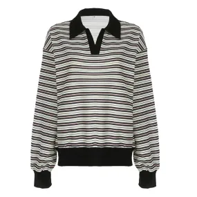 Striped Pullovers Turn-down Collar Long Sleeve Tees Cozy Hoodies Sweatshirts Fall Winter Clothes Women 2024 P84-DC25