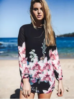 TastyHottie - Fashion Printed Chiffon Long Sleeves Round Collar Dress