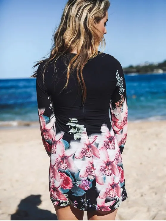 TastyHottie - Fashion Printed Chiffon Long Sleeves Round Collar Dress