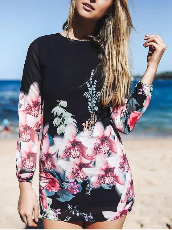 TastyHottie - Fashion Printed Chiffon Long Sleeves Round Collar Dress