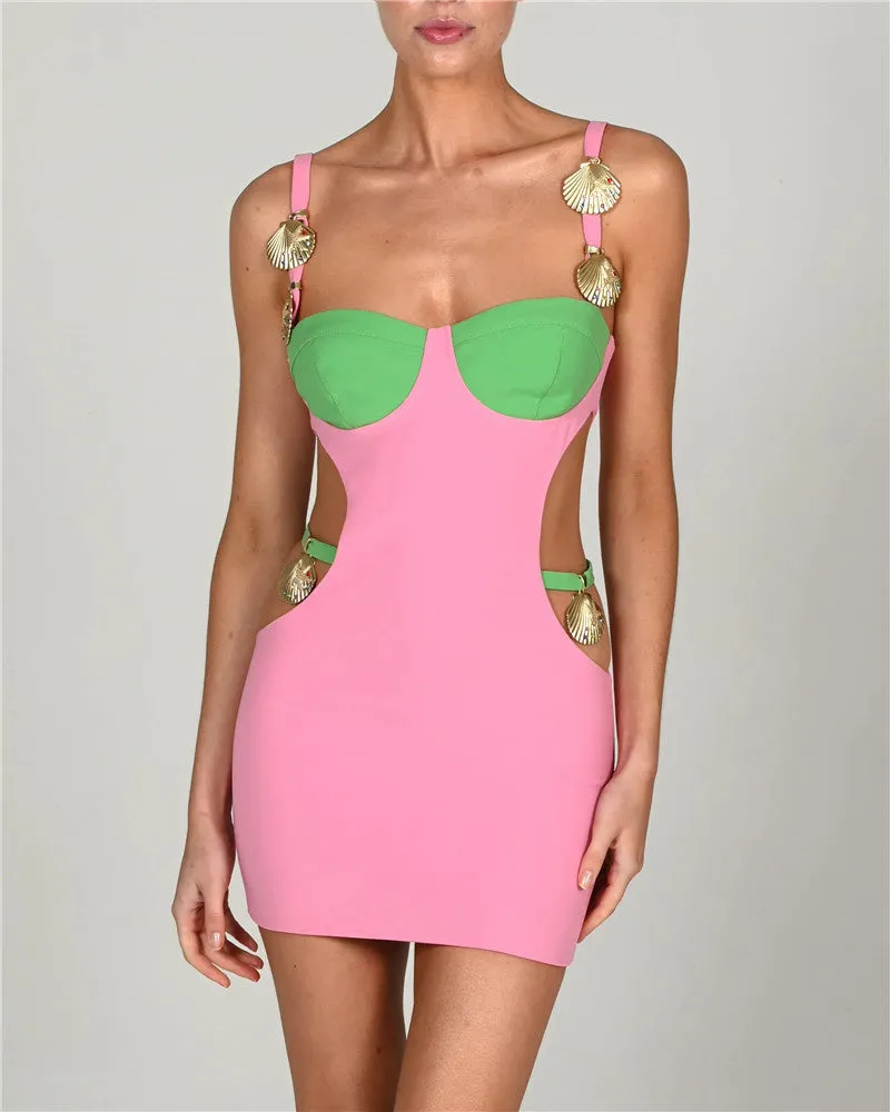 TastyHottie - Fiona Metal Shell Patchwork Hollow Out Mini Dress