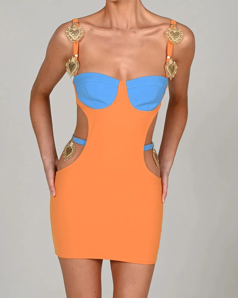 TastyHottie - Fiona Metal Shell Patchwork Hollow Out Mini Dress
