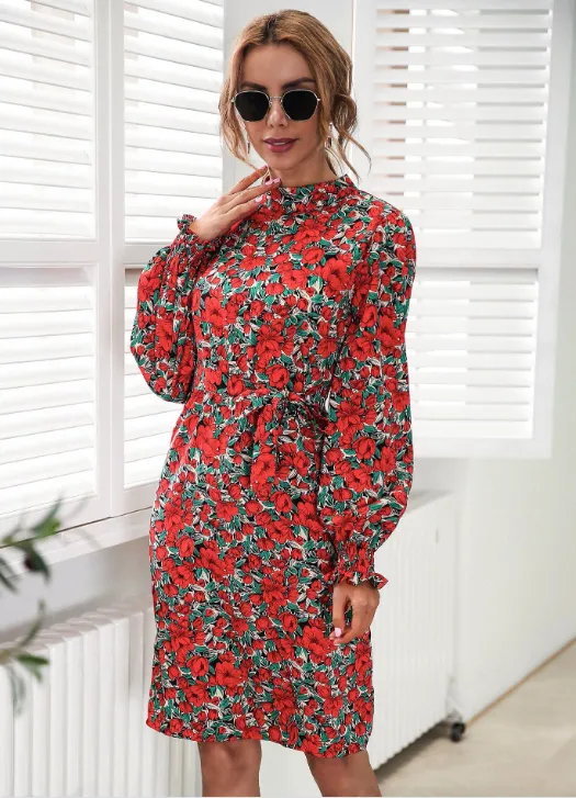 TastyHottie - stand-up collar lantern sleeve dress floral lace A-line skirt
