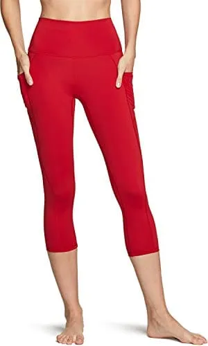 TSLA High Waist Yoga Pants with Pockets, Tummy Control Yoga Leggings, Non See-Through Workout Running Tights, Capris Pocket Peachy Red