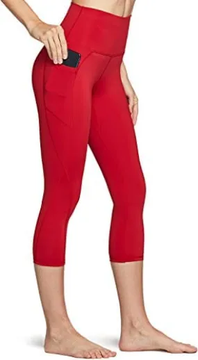 TSLA High Waist Yoga Pants with Pockets, Tummy Control Yoga Leggings, Non See-Through Workout Running Tights, Capris Pocket Peachy Red