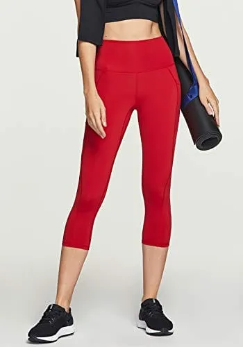 TSLA High Waist Yoga Pants with Pockets, Tummy Control Yoga Leggings, Non See-Through Workout Running Tights, Capris Pocket Peachy Red