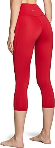 TSLA High Waist Yoga Pants with Pockets, Tummy Control Yoga Leggings, Non See-Through Workout Running Tights, Capris Pocket Peachy Red