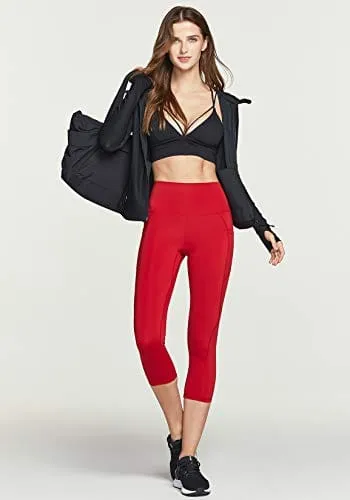 TSLA High Waist Yoga Pants with Pockets, Tummy Control Yoga Leggings, Non See-Through Workout Running Tights, Capris Pocket Peachy Red