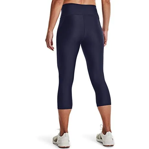 Under Armour Women's Standard HeatGear High No-Slip Waistband Pocketed Capri, Midnight Navy
