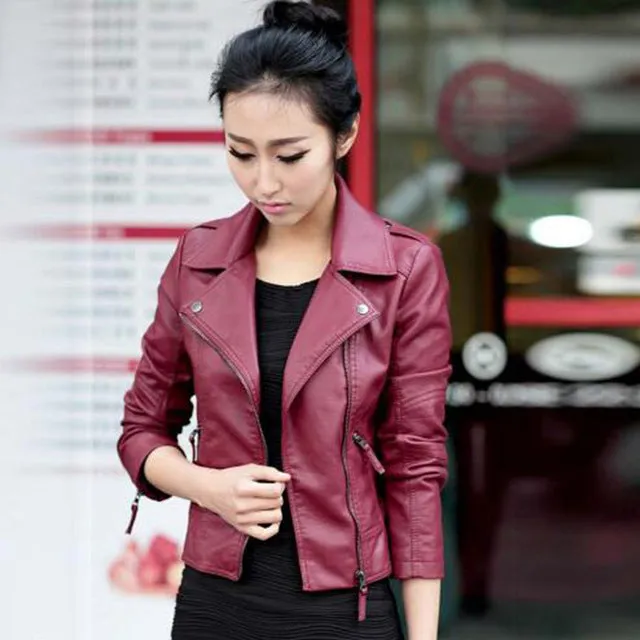 Vintage PU Leather Jacket Women Slim Biker Motorcycle Soft Outwear Faux Leather Coat