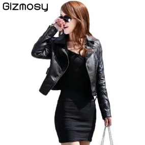 Vintage PU Leather Jacket Women Slim Biker Motorcycle Soft Outwear Faux Leather Coat