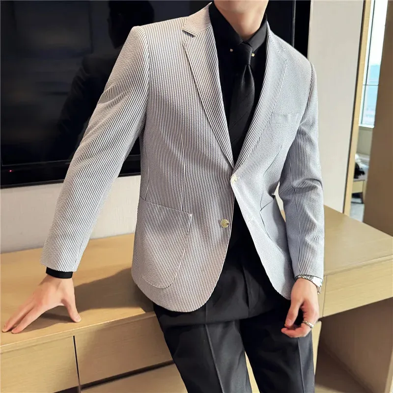Wiaofellas  -  Men's New Suit Texture Seersucker Striped Jacket Lightweight Suit Business Daily Wear Fashion Slim Party