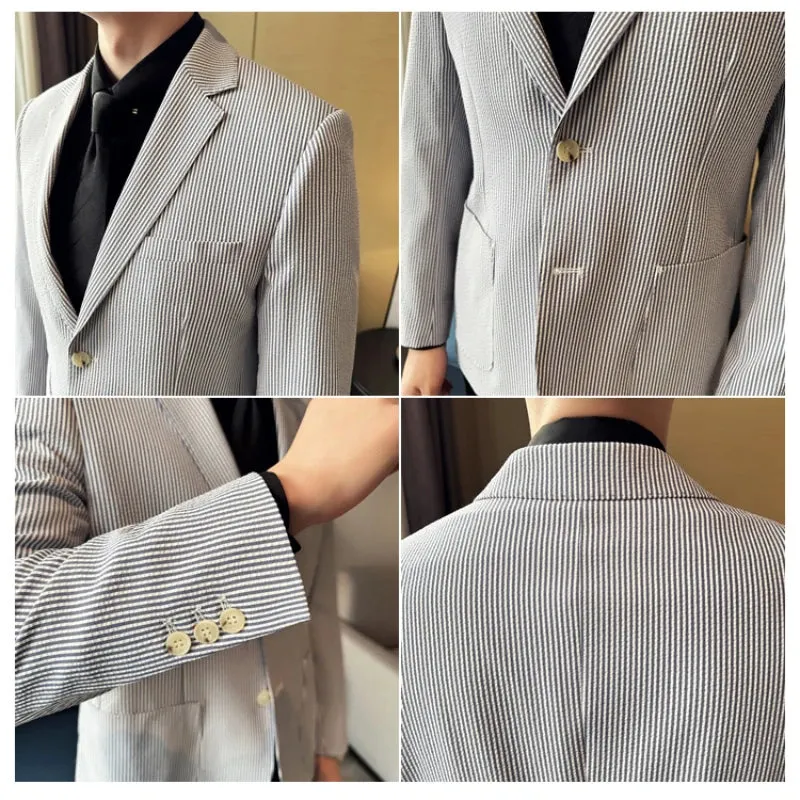 Wiaofellas  -  Men's New Suit Texture Seersucker Striped Jacket Lightweight Suit Business Daily Wear Fashion Slim Party