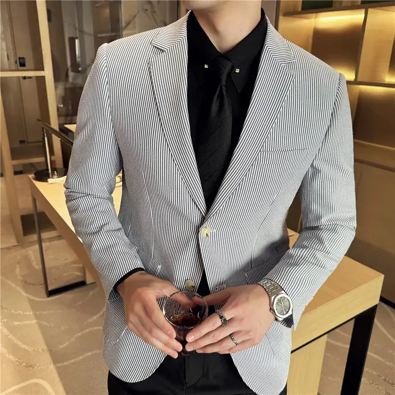 Wiaofellas  -  Men's New Suit Texture Seersucker Striped Jacket Lightweight Suit Business Daily Wear Fashion Slim Party
