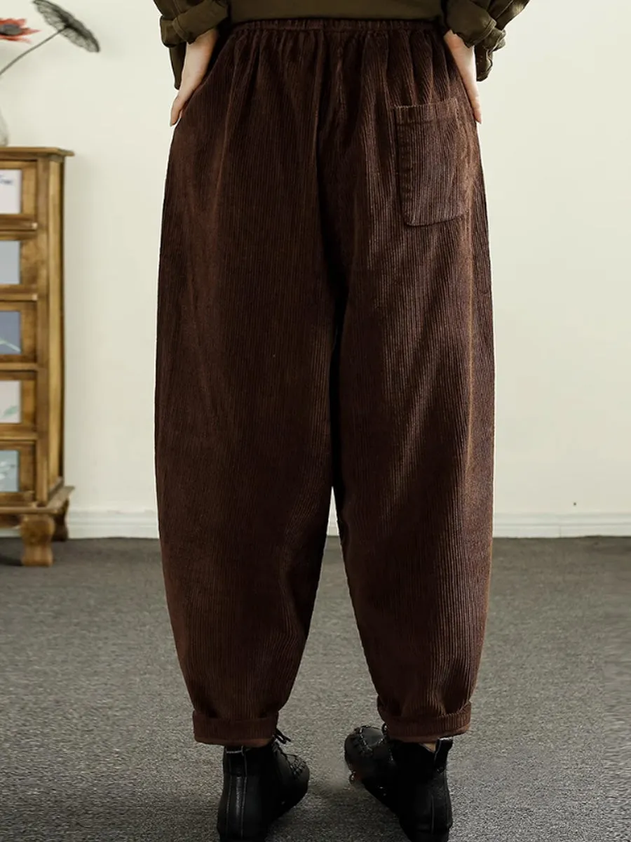 Women Autumn Solid Corduroy Spliced Cotton Harem Pants AI1047