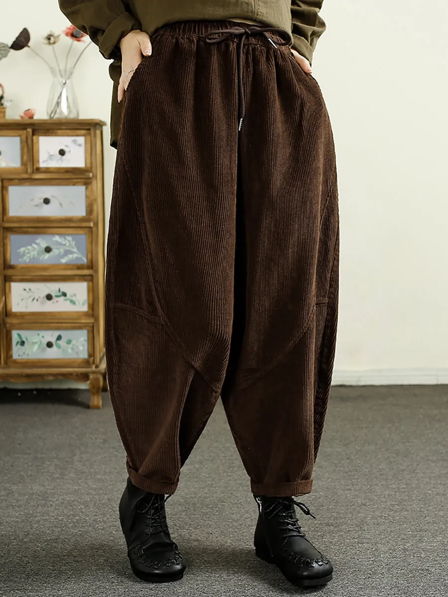 Women Autumn Solid Corduroy Spliced Cotton Harem Pants AI1047